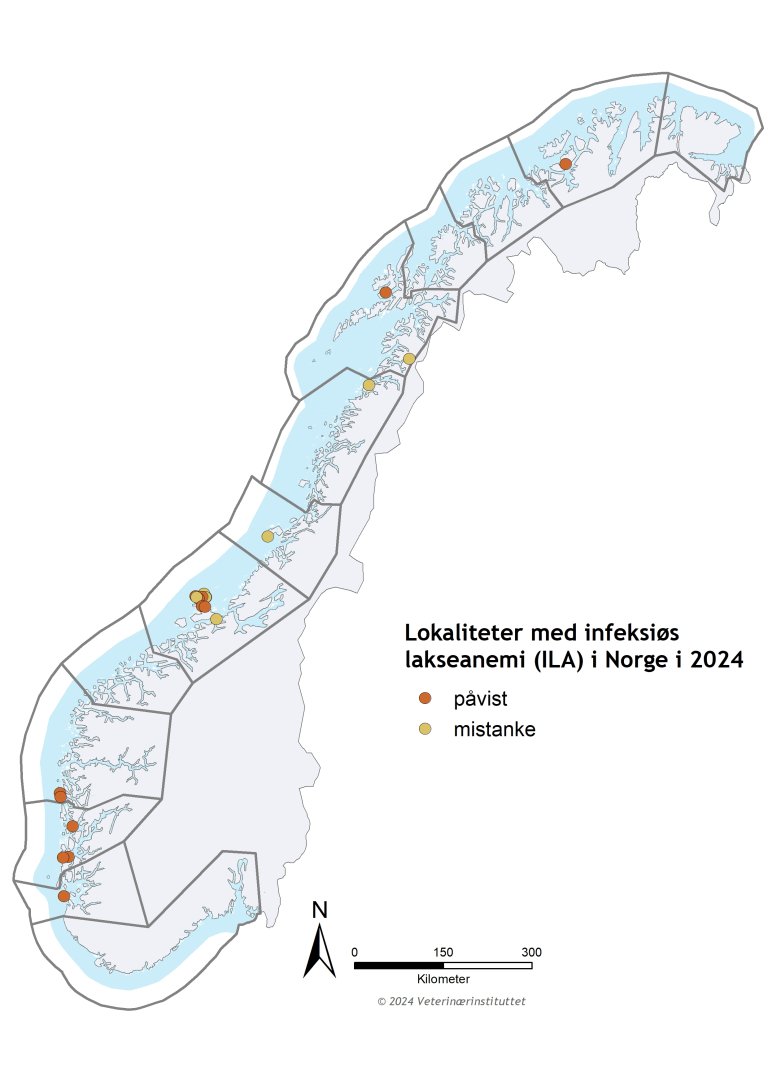 Norgeskart som viser med prikker hvor det har vært stadfestede tilfeller av ILA og hvor det har vært mistanke